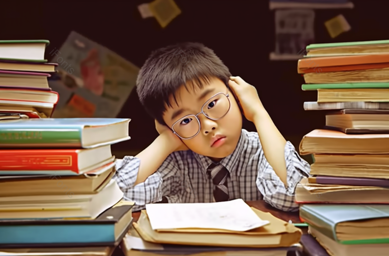 戴着眼镜手撑着脑袋的东方儿童在书堆里摄影背景,高清,摄影图,摄影图片,图片大全,摄影图免费下载